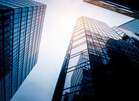 low angle view of skyscrapers in city of China.